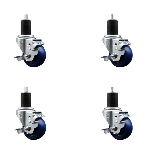 3'' SS Solid Poly Swivel 1-3/4'' Expanding Stem Caster Set with Brake, 4PK